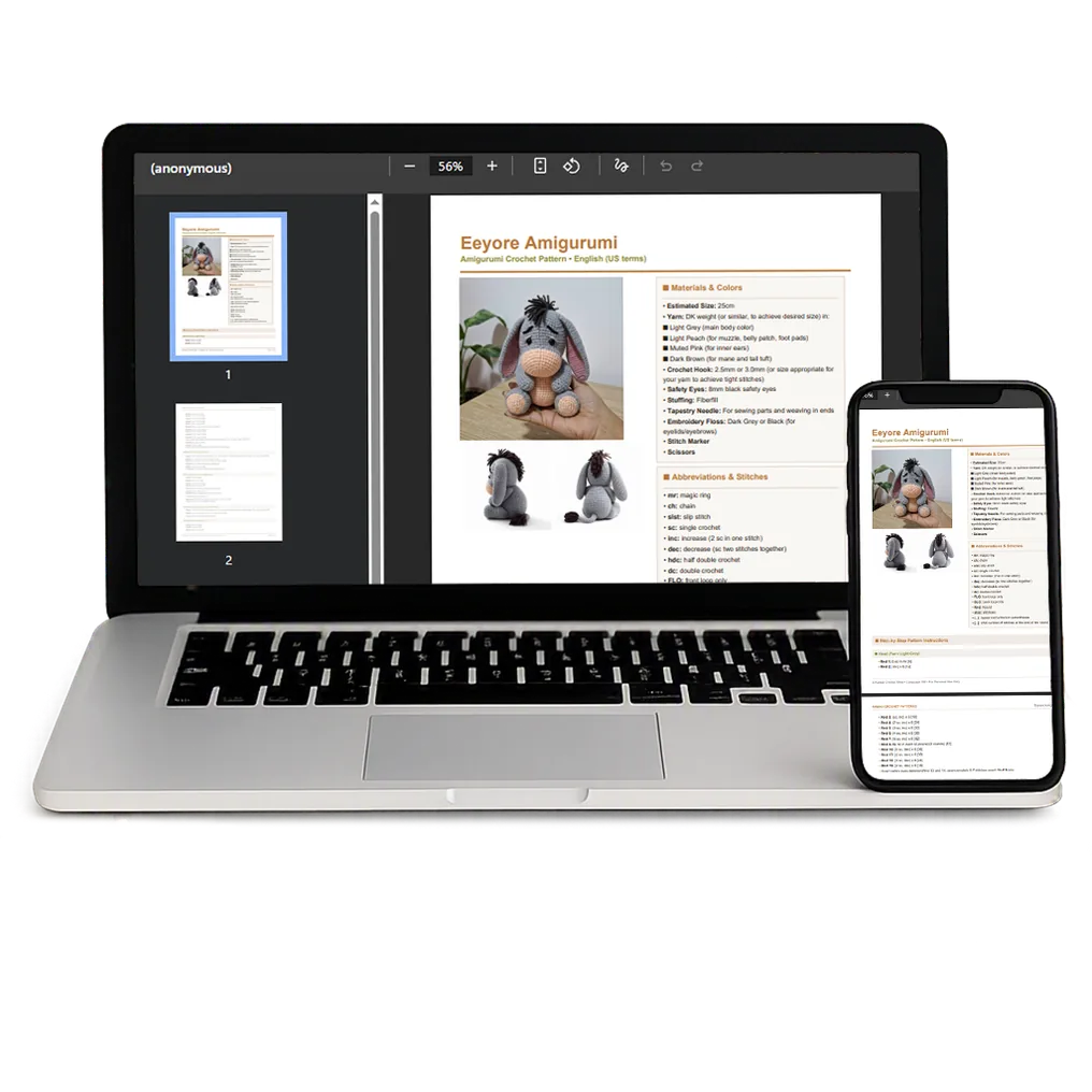 Donkey amigurumi PDF pattern displayed on laptop and phone