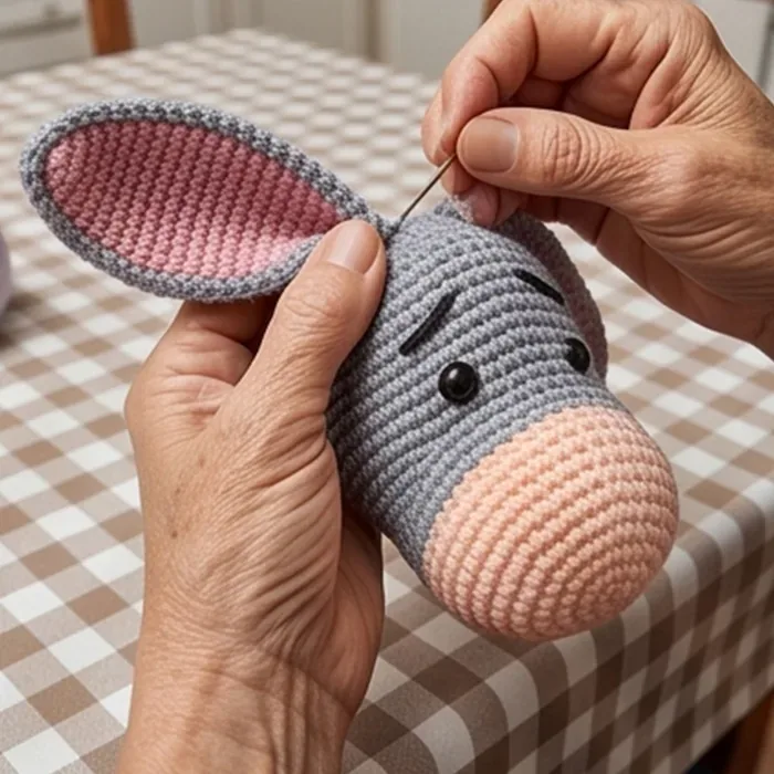 Crocheter sewing the pink-lined ear of the donkey